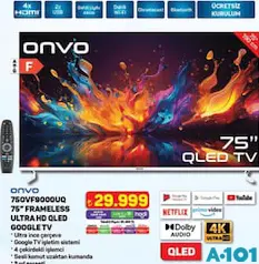 ONVO 75OVF9000UQ 75 İNÇ FRAMELESS ULTRA HD QLED GOOGLE TV/AKILLI TELEVİZYON
